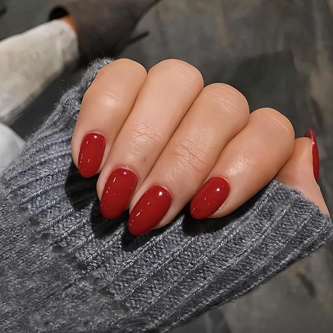 Red Short Almond Fake Nails Press ons, Short False Thick Solid Color Glue on Nails, Medium Almond Oval Round Shaped Nails for Women, 24Pcs Natural Acrylic Gel Nails