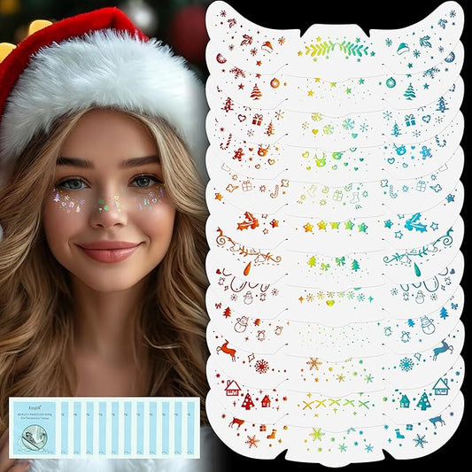 12Pcs Christmas Chameleon Glitter Freckles Face Tattoo, Holographic Multichrome Waterproof Glitter Speckles Patches, Long Lasting Temporary Tattoos Sticker Makeup for Christmas Party Makeup03