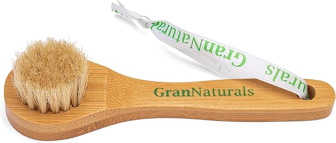 GranNaturals Manual Facial Brush Dry Brushing Scrubber - Stiff Boar Bristles for Exfoliation - Promotes Lymphatic Drainage, Deep Cleansing, Gentle Pore Cleaning for Glowing, Soft Skin - Wooden Handle