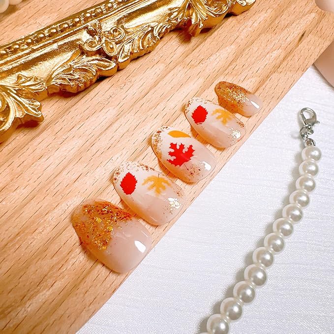 24Pcs Fall Press on Nails Short Oval Fake Nails with Gold Glitter Yellow Red Maple Leaf False Nail Reusable Thanksgiving Acrylic Nails Full Cover Autumn Maple Leaves Stick on Nail for Women Nail Art