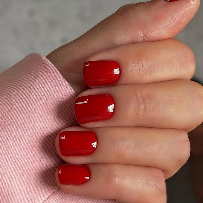 KQueenest Light Red Press on Nails Short Square, Acrylic Fake Nails Short, Natural Fit Small False Nails Press ons, Reusable Gel Stick on Nails for Women Christmas Wear in 24 Pcs