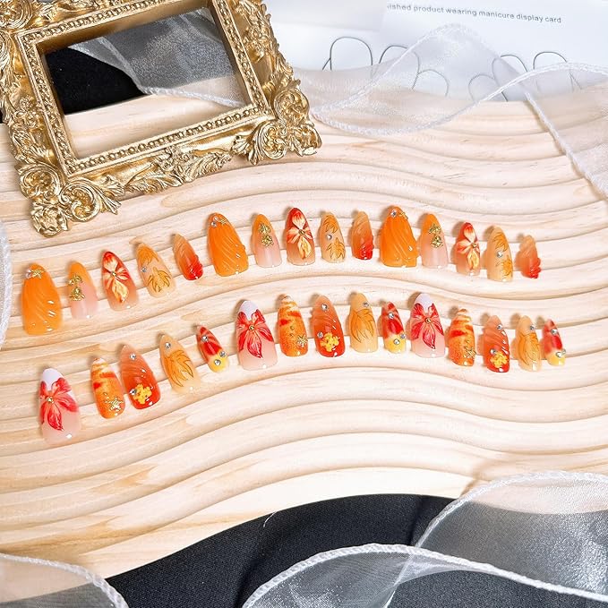 30 Pcs Fall Press on Nails Medium Almond Fake Nails with 3D Flower Gold Rose Rhinestones Design Gold Maple Leaf False Nails White French Tip Acrylic Nails Autumn Thanksgiving Stick on Nail for Women