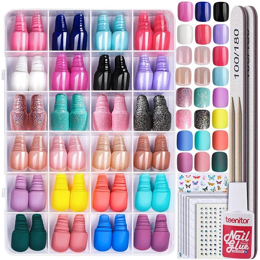 Teenitor 24Pack Short Press On Nails, 576Pcs Short Square Press On Nails, Matte Glossy Glitter French Nails, 12 Sizes Fake Nails With Glue
