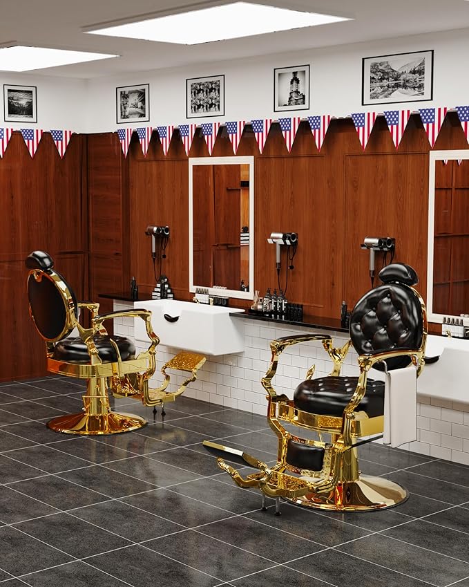 Baasha Vintage Reclining Barber Chair with Adjustable Headrest, Heavy-Duty Metal Frame & Cushion Support, Gold Trim Salon Chair, 550 lbs Capacity