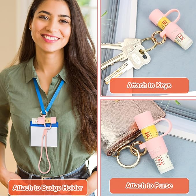 Desing Wish Silicone Lip Balm Holder with Silicone Zipper Pouch, Portable Lip Balm Keychain Sleeve - Silicone Storage Bag for Lip Balms/Small Cosmetics/Earphones/Keys - Pink