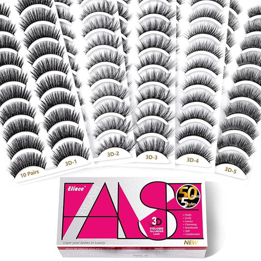 Eliace False Eyelashes Natural look Cat Eye Lashes Wispy Strips 3D Mink Lashes Fulffy,NEW 50 Pairs 5 Styles Fake Eyelashes,Faux Volume Curly Full,Thin Lash Band Soft Comfortable Lightweight Lash Pack