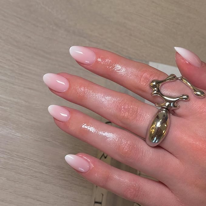 Gradient Pink Press on Nails Short Almond Fake Nails Press ons, Thick Glue on Nails Short False Nails, Medium Almond Nails Oval Round Shaped Nails for Women, 24Pcs Natural Acrylic Gel Nails