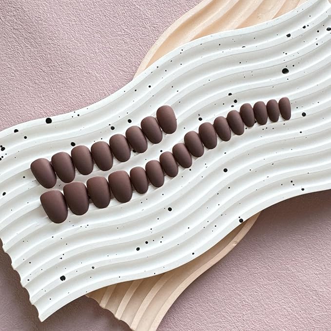 Matte Brown Press on Nails - Short Almond False Nails, Thick Solid Color Glue, Medium Oval Round Shaped Nails for Women, Natural Acrylic Gel Finish