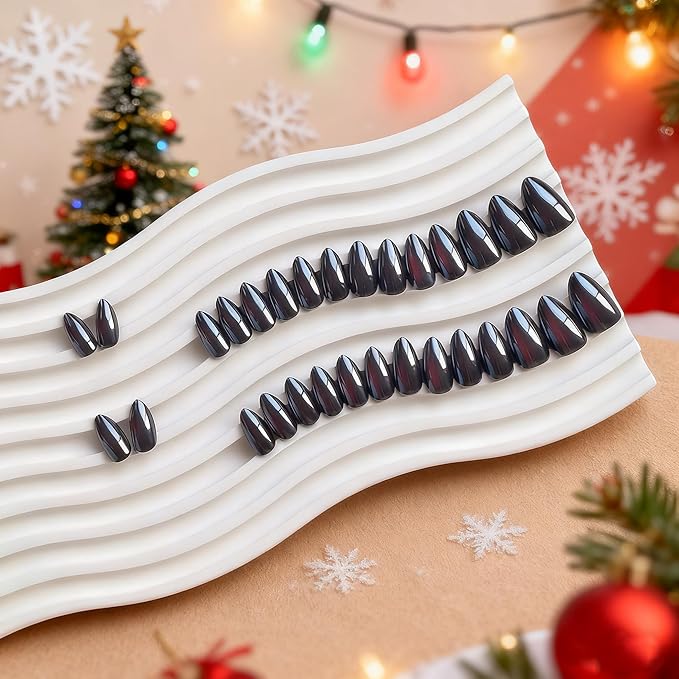 KQueenest Press On Nails Short - Chrome Red Gray Black Press On Nails Almond Shape, Metallic Dark Fake Nails with Nail Glue, Reusable Soft Gel Ombre Black Glue On Nails for Women Christmas, 30 Pcs