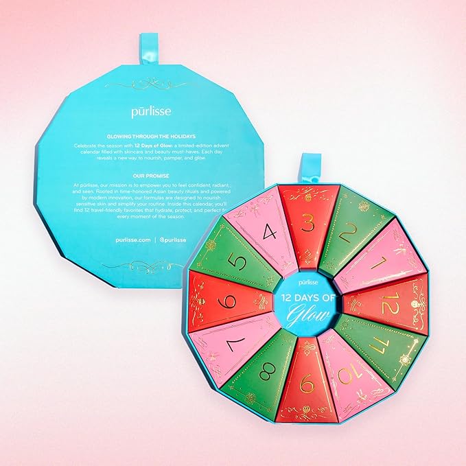 pürlisse 12 Days of Glow Advent Calendar Gift Set - Limited Edition Beauty & Skin Care Set - Gentle Formulas for Sensitive Skin - Travel-Friendly Sizes (12 Pieces)