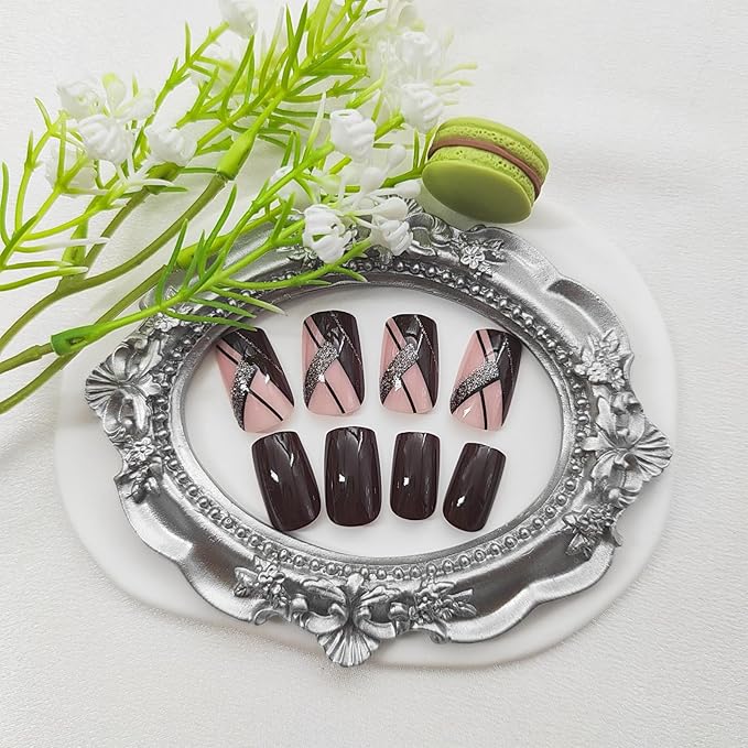 Press on Nails Medium Square Fake Nails Acrylic Nails Press ons Glossy Glue on Nails Fall False Nails with Glitter Line Designs Red Brown Full Cover Artificial Stick on Nails for Women 24Pcs