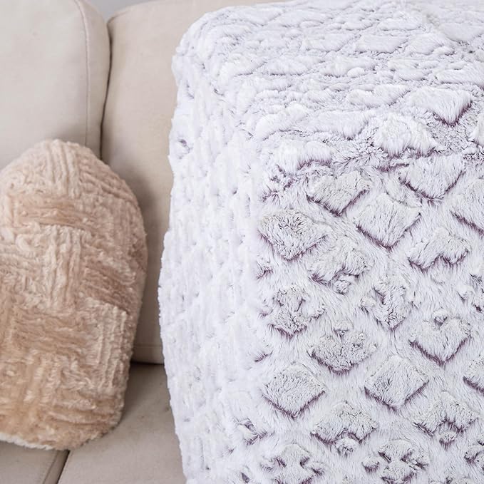 DaDalogy Bedding Dreamy Milky Way White Faux Fur Ottoman Pouf Cover - Purple Undertone Geometric Pattern with Zipper - 1-Piece 18" x 18" x 18"