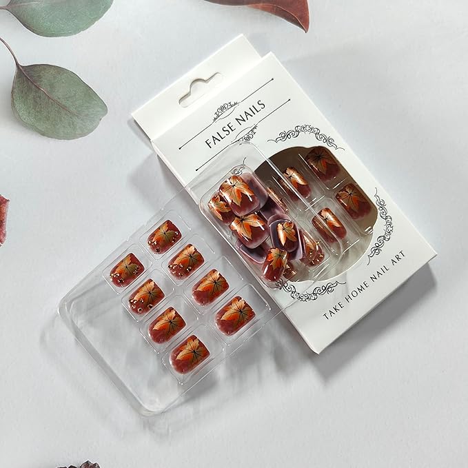 Maple Leaf Press on Nails 24Pcs Fall Leaves Stick on Fingernails Thanksgiving Short Square False Nails Glossy Gold Maples Acrylic Fake Nail Autumn Rhinestones Gel Glue on Nail for Coquette Women