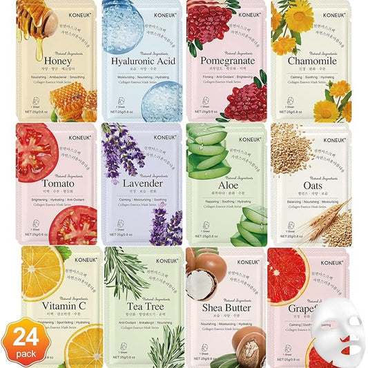 24 Pack Sheet Face Masks Skincare for Women, Hydrating Collagen Essence Face Masks Suitable for All Skin Types, Face Mask Gifts Set for Spa Party, Bulk Facial Masks for Women Skin Care