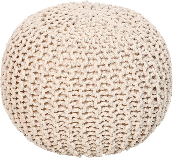 REDEARTH Round Pouf Ottoman - Cable Knitted Boho Poof - Home Décor Cord Pouffe Handmade Circular Footrest for Living Room - Bedroom - Kids Bedroom - 100% Cotton Pouf (19.5"x19.5"x14") - Ivory
