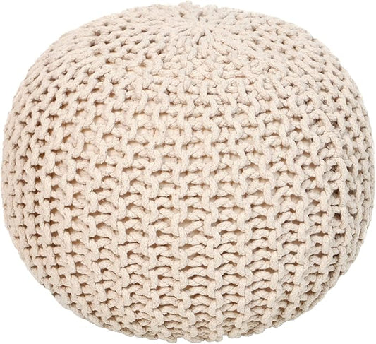 REDEARTH Round Pouf Ottoman - Cable Knitted Boho Poof - Home Décor Cord Pouffe Handmade Circular Footrest for Living Room - Bedroom - Kids Bedroom - 100% Cotton Pouf (19.5"x19.5"x14") - Ivory