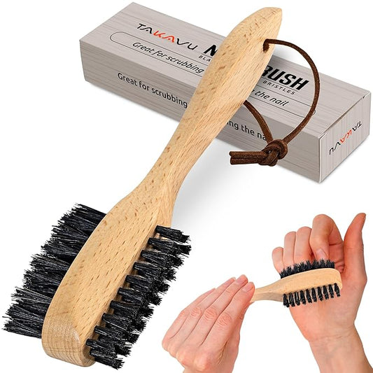 Takavu Nail Brush Black Boar Bristles, Natural Wood Handle, Nail Cleaning Brush for Scrubbing Fingernail Toenail Hand Feet, Dual Sided for Regular Manicure Nail Care Hygiene