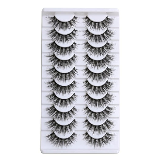 SUNWELL False Eyelashes 16mm Mink Lashes Cat Eye Lashes Strips 8D Fluffy Faux Mink Lashes Soft Wispy Luxury Volume Fake Lashes 10 Pairs Pack
