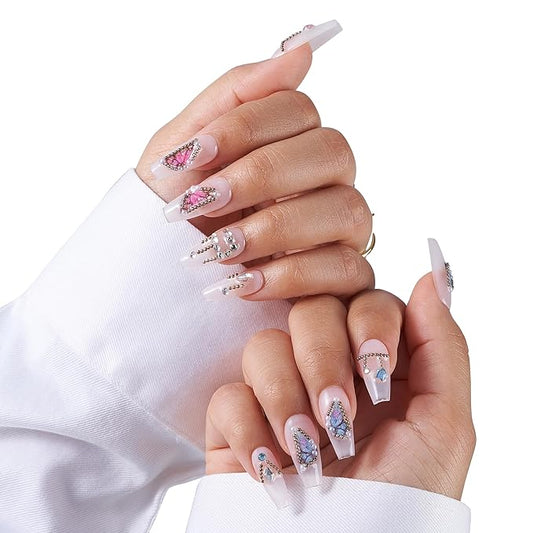 Large-Butterfly Dreams Fake Nails Press-On Manicure Kit for Women | French Tip 10 Nails | Nail Glue, Dual Nail File, Cuticle Stick, Buffer Block | Measure Before Ordering