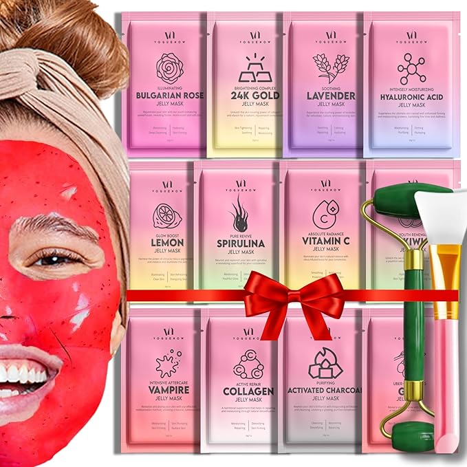 Jelly Mask for Facials - 12 Flavors Hydrating & Brightening Jelly Face Masks | Free Jade Roller & Spatula |Bulgarian Rose Lavender Hyaluronic Acid 24K Gold | Christmas Gifts for Women, Gifts for Women