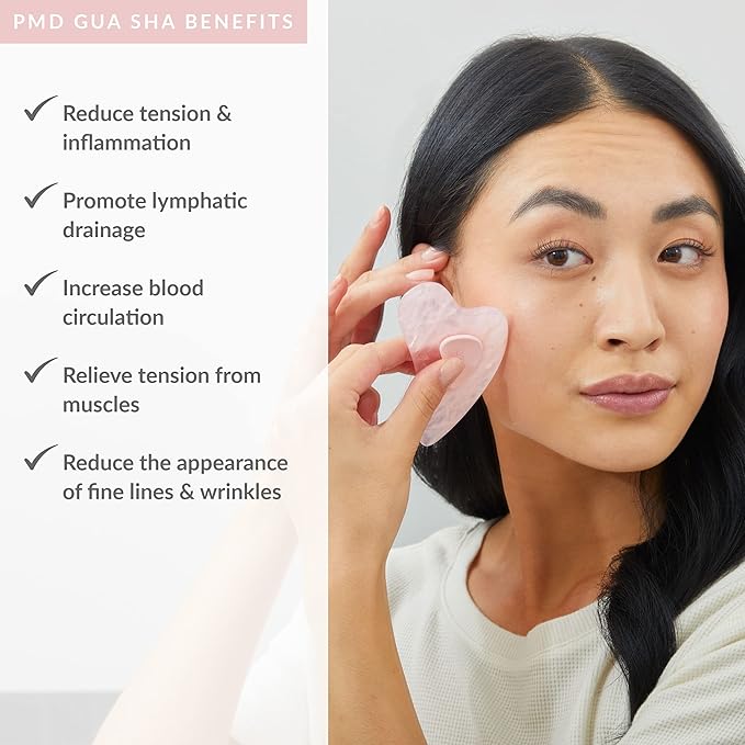 PMD Beauty Gua Sha Facial Tools - Massaging, Sculpting and Depuffing Guasha Tool for Face with Rose Quartz and Silicone Grip - Reduce Tension & Inflammation