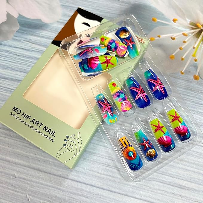 Shell Starfish Press on Nails Long Colorful Shell Pattern Design Ocean Acrylic False Nail Ballet Artificial Stick on Nail Full Cover Glossy Blue Gradient Artificial Fingernail Glue on Nails for Women