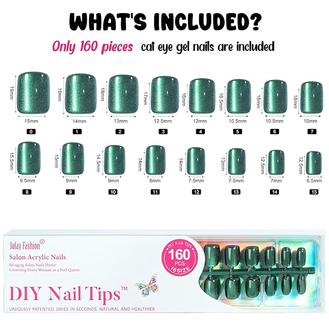 Bt Art Box Chameleon Cat Eye Press on Nails - Short Square Glue on False Nails, Soft Gel x Coat in 16 Sizes - 160PCS Fake Nails Kit