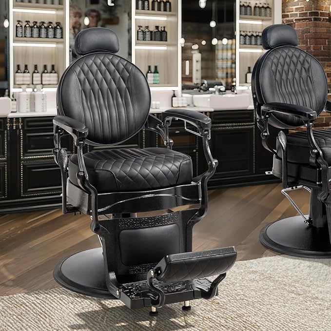 OmySalon Retro Barber Chair Heavy Duty, Aluminum Alloy Frame, Adjustable Headrest, Extra Wide Footrest, Hydraulic Salon Chair for Hair Stylist Reclining All Purpose for Beauty Spa Shampoo, All Black