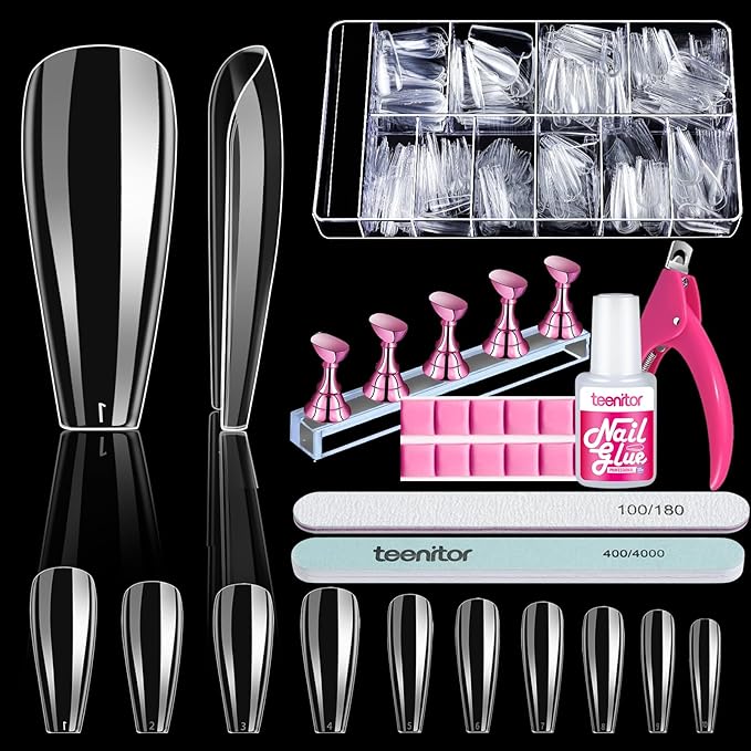 Teenitor 600 Pcs Clear Coffin Nail Tips, Acrylic Nail Kit, Clear Press On Nails, Long Fake Nails Coffin Nail Tips Full Cover, Acrylic Nail Clipper Nail Stand for Nail Extensions