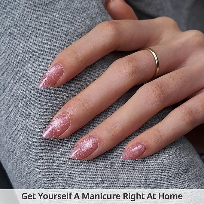 BTArtbox Press On Nails Short - Lamp-Curable Pink Cat Eye Almond Press On Nails with Glue for Women, Semi-Transparent Soft Gel Glue On Nails in 16 Sizes - 32 Stick On Nails Kit, Spring Charm