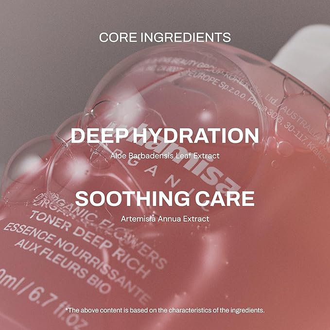 Whamisa Organic Fermented Flower Deep Rich Toner, 97.4% Organic, Facial Toner, Essence, Damask Rose Flower Oil, Waterless Formula, Hydrating, Moisturizing (200ml)