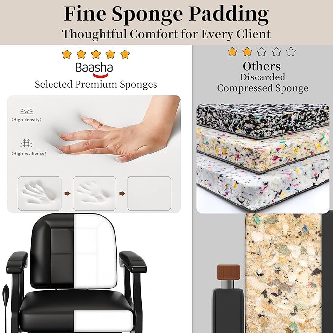 Baasha Black Heavy-Duty Barber Chair, Reclining Professional Salon Chair with Adjustable Headrest & Comfort Padding, 550 lbs Capacity