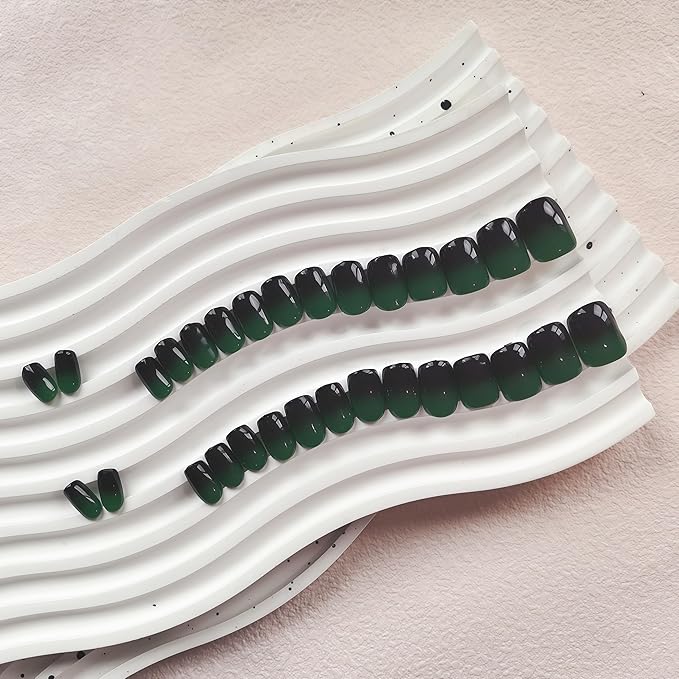 KQueenest Ombre French Press on Nails Short Square, Dark Green Black Fake Nails Short Coffin, Gradient Color Acrylic Nails Press Ons, Soft Gel Glue on Nails for Women Christmas in 30 Pcs