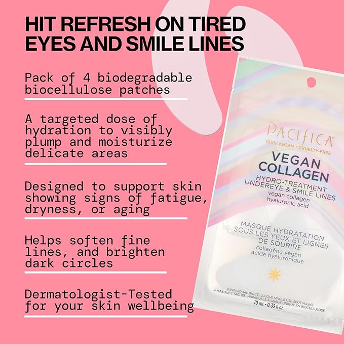 Pacifica Undereye & Smile Mask Set – Vegan Collagen Hydro Treatment with Hyaluronic Acid, Hydrating for Dark Circles, Dry & Combination Skin, Vegan & Cruelty-Free, 2 Pieces