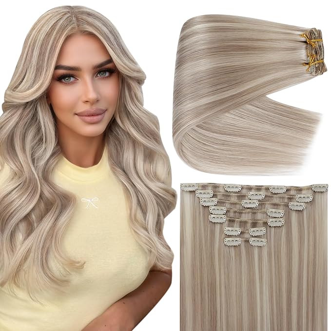Full Shine Clip in Hair Extensions Real Human Hair 150 G Ash Blonde Highlighted Bleach Blonde Remy Human Hair Extensions Clip ins for Women Natural Human Hair 20 Inch 7 Pcs