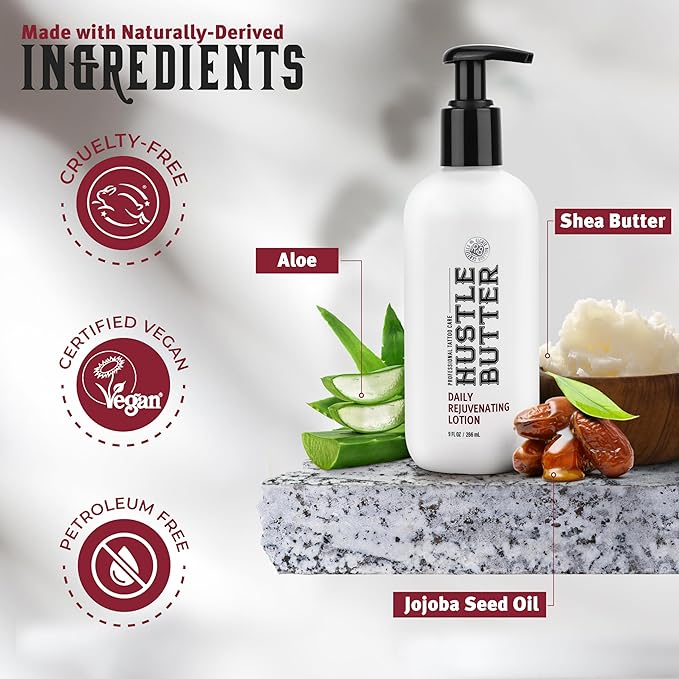 Hustle Butter Tattoo Aftercare - Daily Moisturizing Lotion - Naturally Derived Vegan Cruelty Free - Everyday All Over Use for Tattoos - 9 fl oz