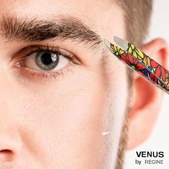 Venus by Regine Slant Tweezers - Handmade Precision Tool for Women & Men, 25-Degree Angle for Shaping Eyebrows & Grooming Facial Contours, Suitable for Eyebrow & Facial Hair Removal (Large Flowers)