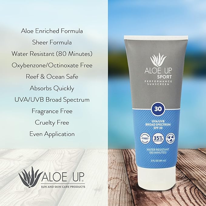 Aloe Up Sport Sunscreen Lotion SPF 30 - Broad Spectrum UVA/UVB Sunscreen Protector for Face and Body - With Hydrating Aloe Vera Gel - Non-Greasy - No White Cast - Reef Safe - Fragrance-Free - 3 Oz.
