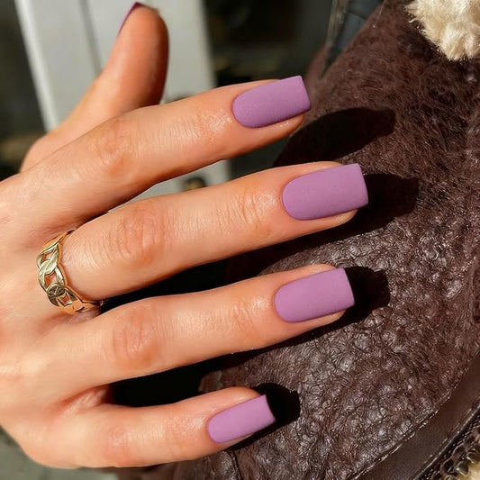 Plum Purple Press On Nails Short Square,KQueenest Glue on Nails,Short Fake Nails Kit Acrylic Pure Matte Color Gel Nails Set Natural Fingernails Manicure for Women Girls in 24PCS