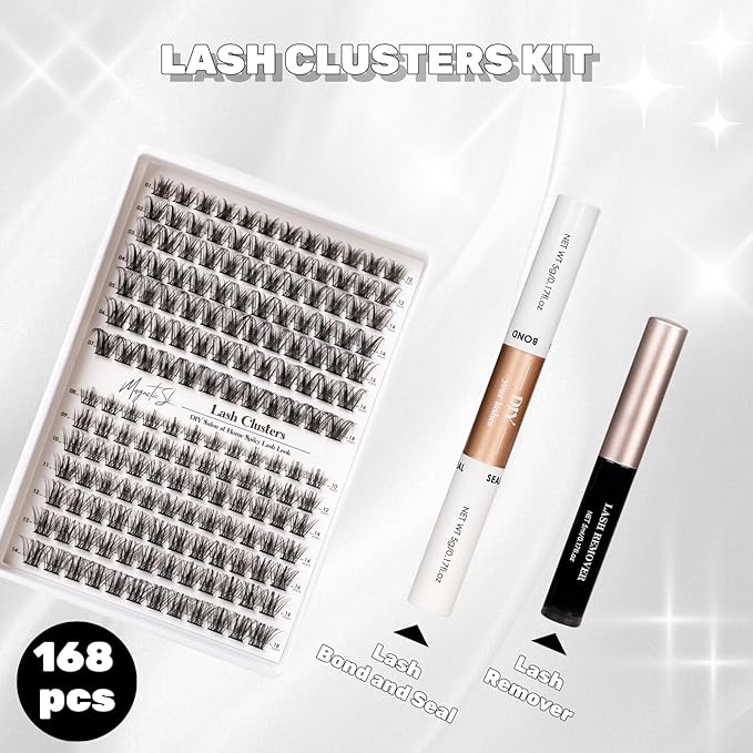 Lash Clusters 168pcs Manga Lash Extension Kit Curly 10-18mm Cluster Eyelash Extensions Natural Lash with Bond and Seal-M34+M35（Volume+Natural）