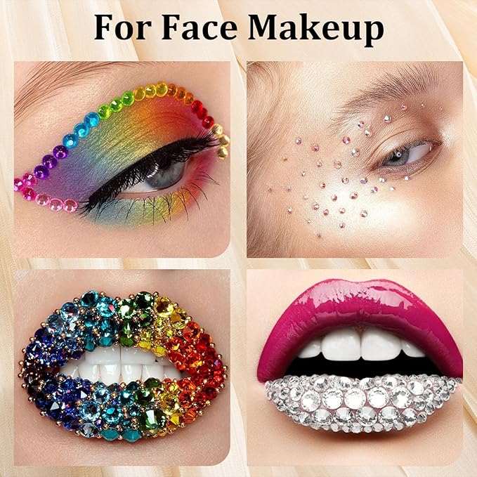 Colorful Face Gems for Makeup Set, Flatback Gorgeous Charming Mixed-Colored Chameleon Crystals with Makeup Glue+Picker Pencil+Tweezer+Dual-End Dotting Tool for Eye Body Hair Make-up and Nail Art Deco
