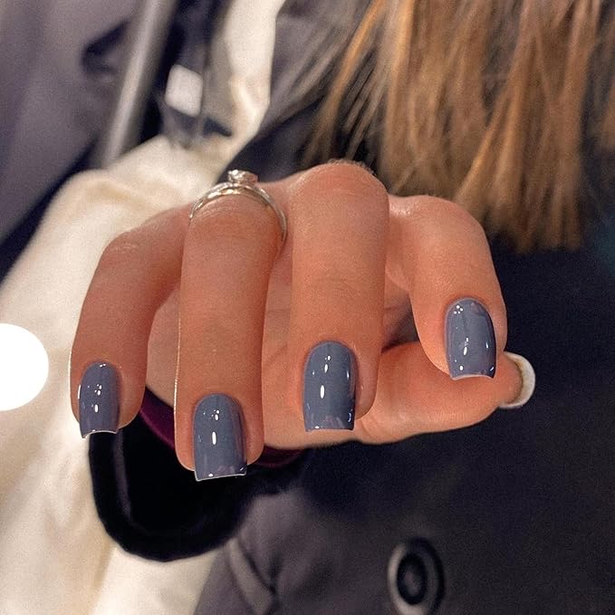 KQueenest Short Press on Nails Square Grey Nails Set, Dark Color Fake Nails Gel Nails Press Ons, Acrylic Nails Short Coffin Small Glue on Nails for Women in 24 Pcs