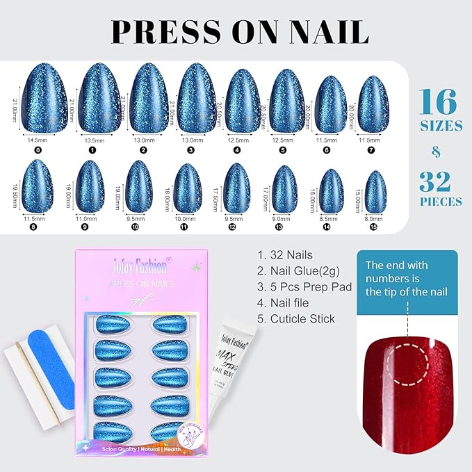Blue Press on Nails Almond, Jofay Fashion Cat Eye Press on Nails, Soft Gel Fake Nails, Reusable & Natural Acrylic False Nails, Glue on Nails Kit for Women Girls Gift 32 Pcs