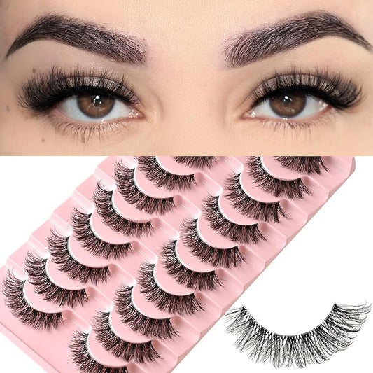 FARRED Cat Eye Lashes Natural Fake Strip Eyelashes Invisible Band Mink Eyelash Strips Wispy Full Volume False Lash Pack 10 Pairs 8-14 mm Short Demi Wispies Pestañas Postizas that Looks Like Extensions