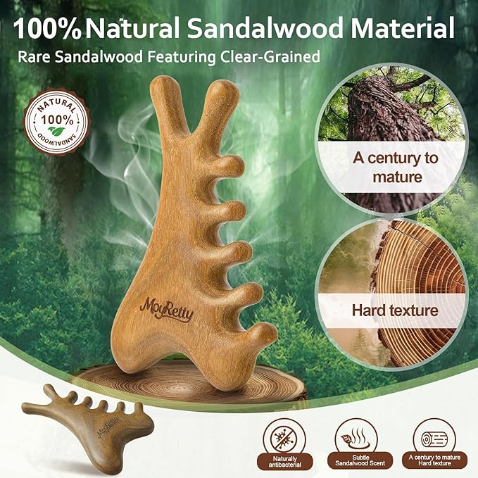 MoyRetty Green Sandalwood Gua Sha Facial Tool(4-in-1), Natural Wooden Face & Body GuashaMassager, Lymphatic Drainage Massage Comb with Storage Pouch, Jawline Shaper