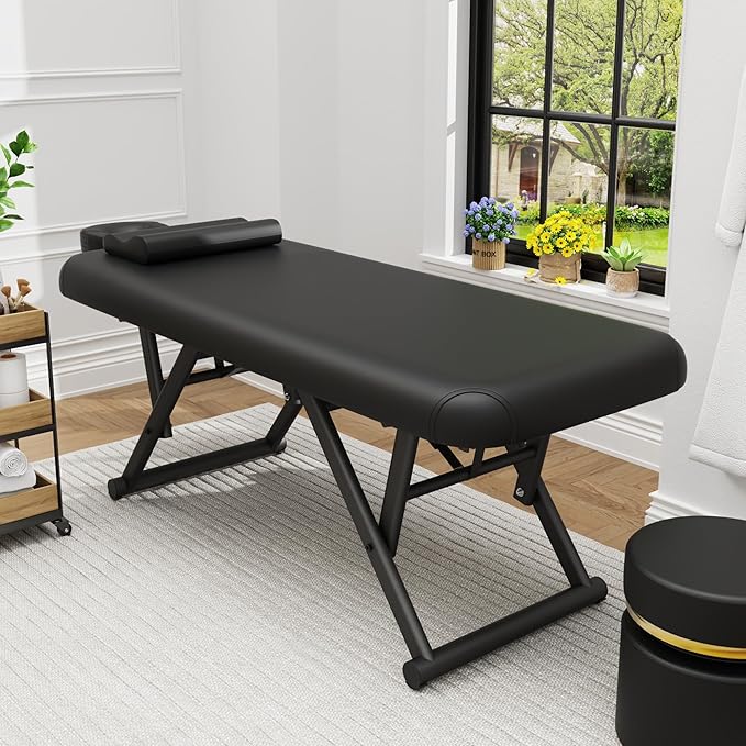 pouseayar Adjustable Massage Table with Face Pillow & Headrest, Sturdy and Solid, Silent and Easy to Adjust - Fixed Backrest, Black