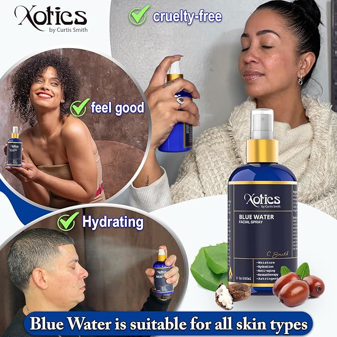 Xotics Blue Water Facial Spray - 8oz - Hydrating Face Mist with Aloe Vera - Refreshing Toner for Men & Women, Aftershave, Daily Moisturizing Splash for All Skin Types