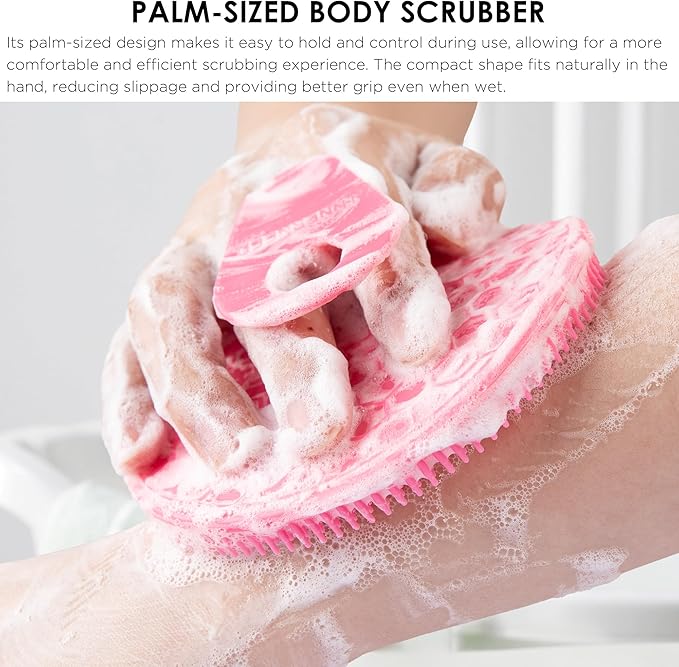 INNERNEED Food-Grade Silicone Body Scrubber Gentle Cleansing Brush with Exfoliating Net Sponge Bath Scrubbing Washcloth Case, More Hygienic and Well Lather (Pink Set)