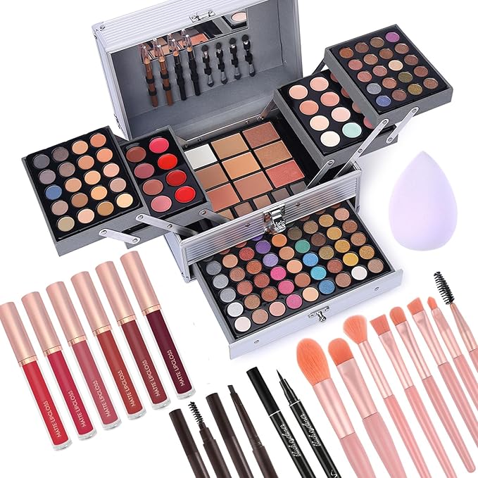 Makeup Gift Set For Women Girls, All in One Full Makeup Kit with Eyeshadow, Lip Gloss, Concealer, Blush, Contour, Highlighter Face Brushes Liquid Lipsticks Eyebrow Pen Eyeliner Pencil Sponge