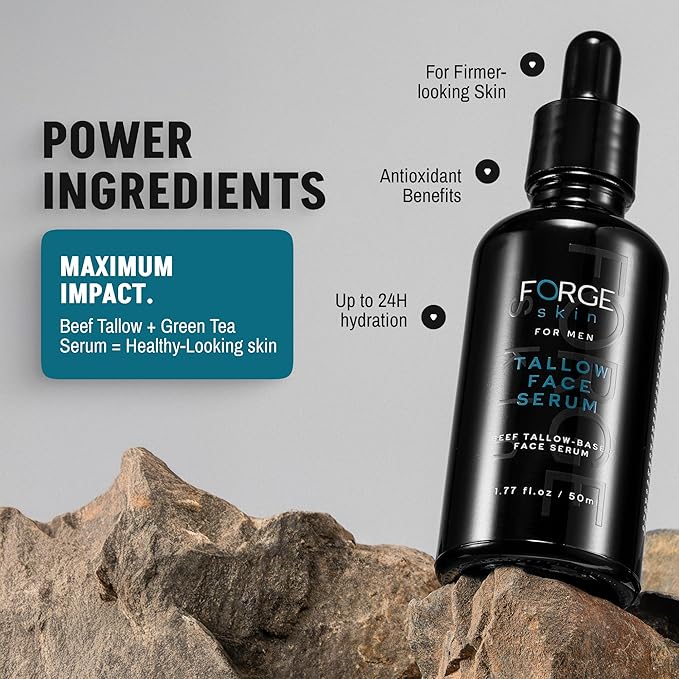 FORGE SKIN® Night Beef Tallow Serum for Men [TALLOW-BASED] - Facial Essence for Face Wrinkles with Essential Oils - Natural Green Tea Skincare for Radiance and Skin Hydration (1.77 OZ)